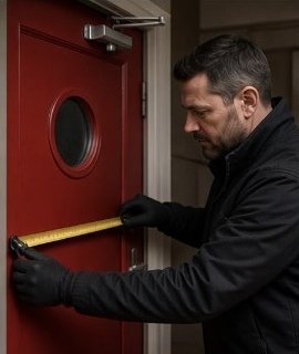 Surveyor inspecting and measuring red fire door clearances